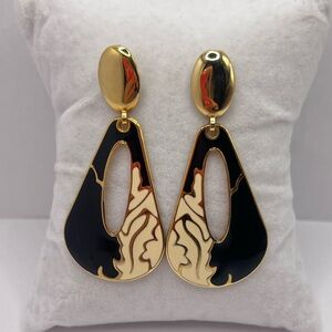Vintage Black & Gold Enamel Statement Drop Earrings Abstract 80s 90s